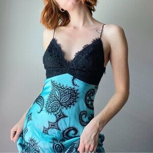 Y2K Mary L. Couture 100% Silk Turquoise Blue Paisley Mermaid Maxi Dress